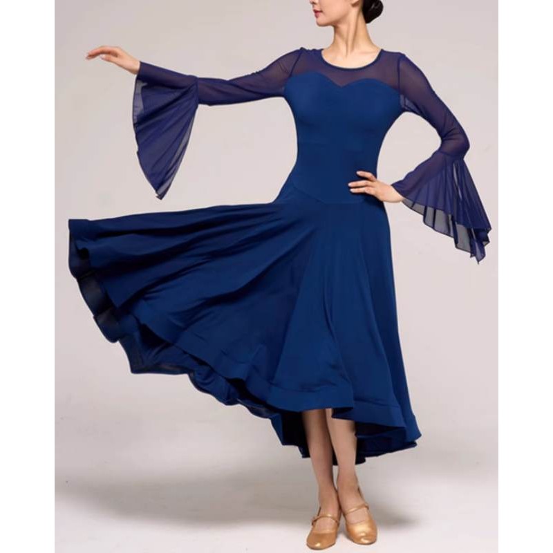 Women navy blue ballroom dance dresses for girls flowy flare sleeves waltz tango foxtrot smooth dance long gown for female